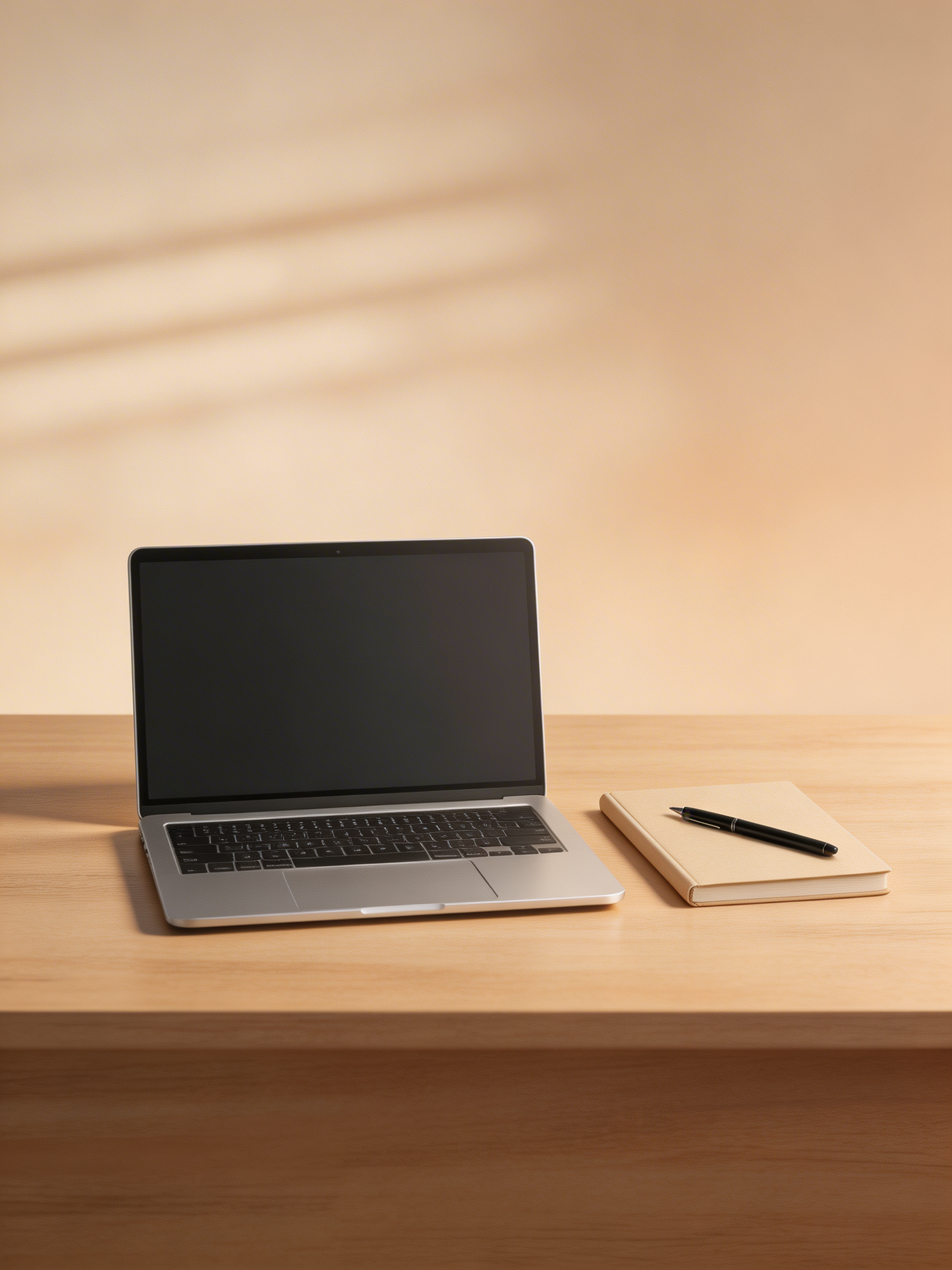 Laptop mit Notizbuch, warmer fokussierter Arbeitsplatz