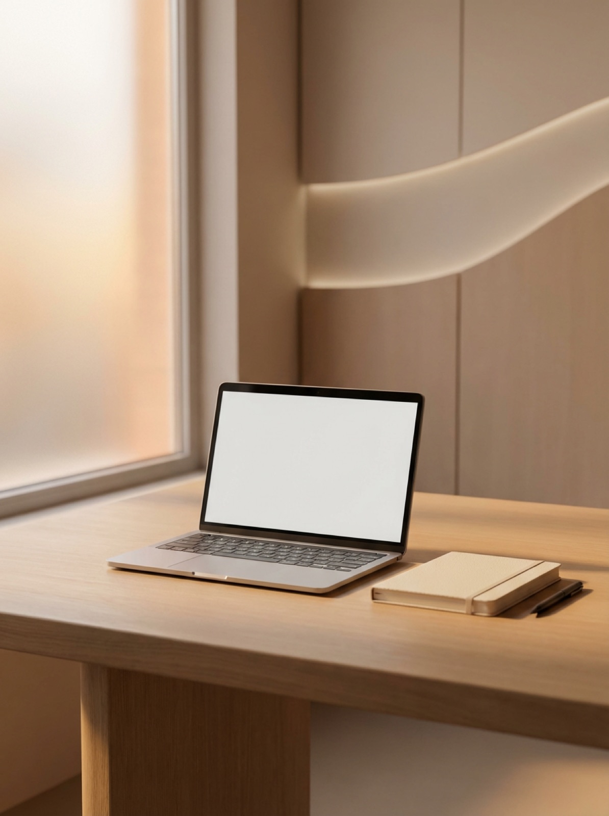 Ruhiger Arbeitsplatz mit Laptop und Notizbuch